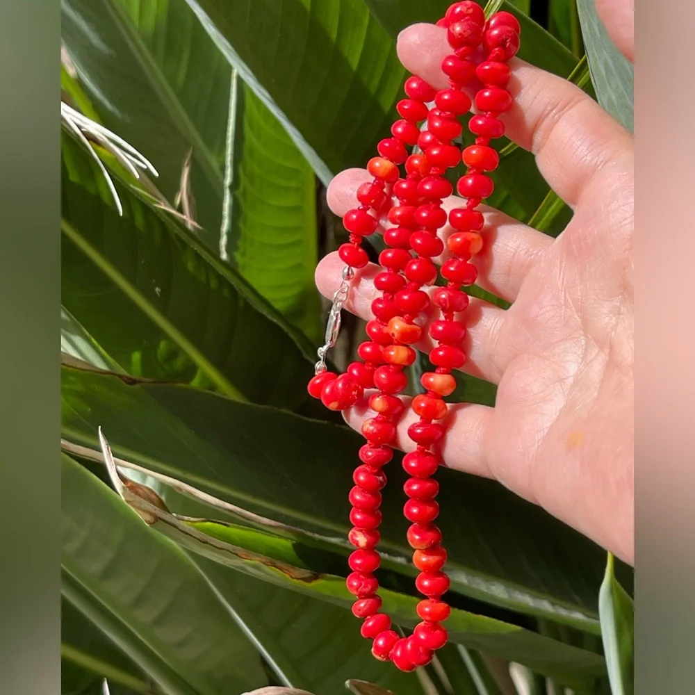 Red coral bead solid sterling silver long necklace - Picture 6 of 9